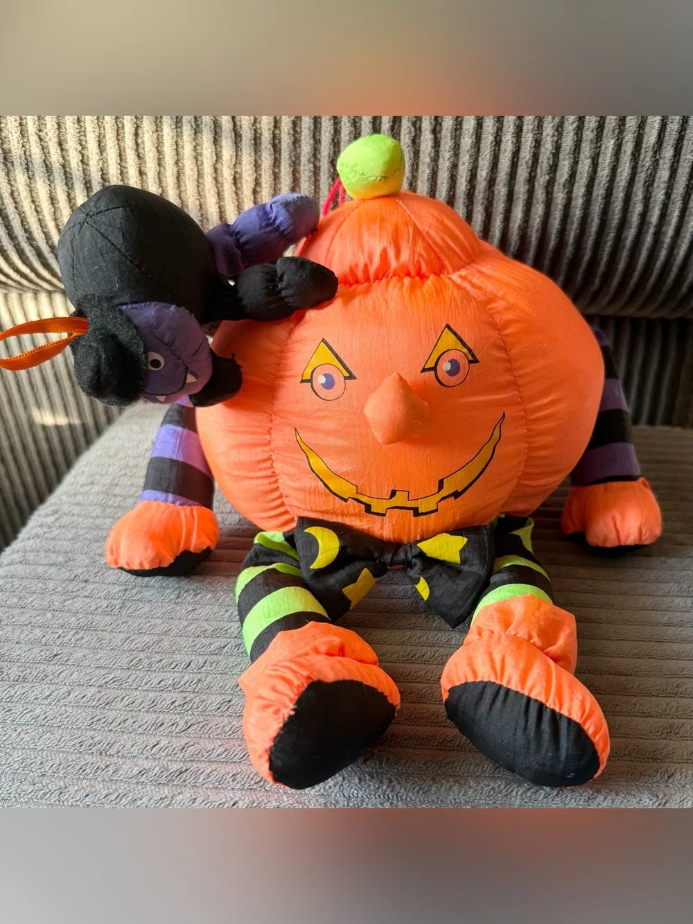 VTG Stuffins Halloween Pumpkin Nylon Sitter Spider Fall Striped Legs Plush Decor